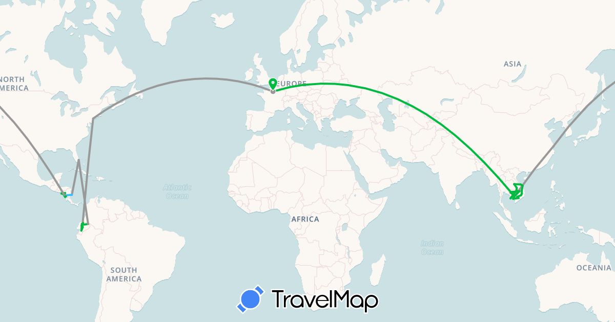 TravelMap itinerary: bus, plane, boat in China, Ecuador, France, Cambodia, Laos, Nicaragua, United States, Vietnam (Asia, Europe, North America, South America)